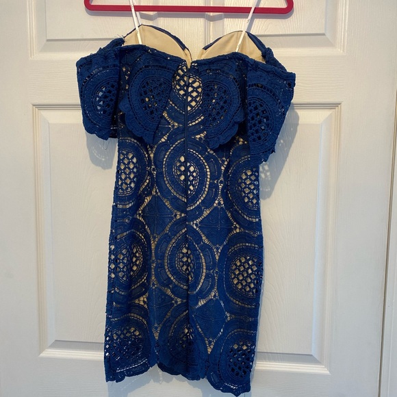 Lulu’s Bellissimo Navy Blue Lace Off-the-Shoulder Bodycon Dress Size Medium - Picture 9 of 10